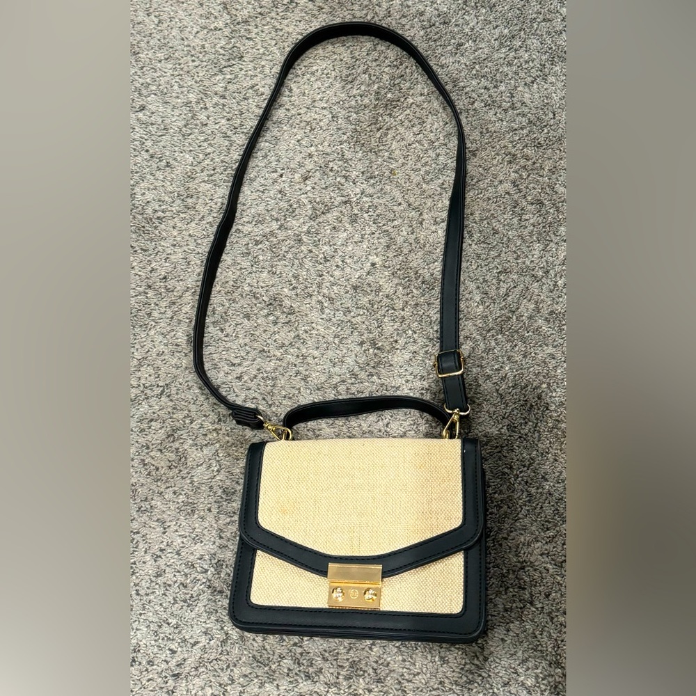 Black leather & tan fabric crossbody bag. Never used.